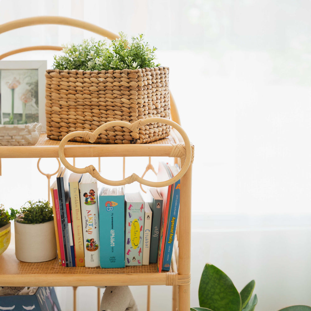 Rattan Shelves | After the Rain Shelf with Books & Toys Close up Shot | Momiji