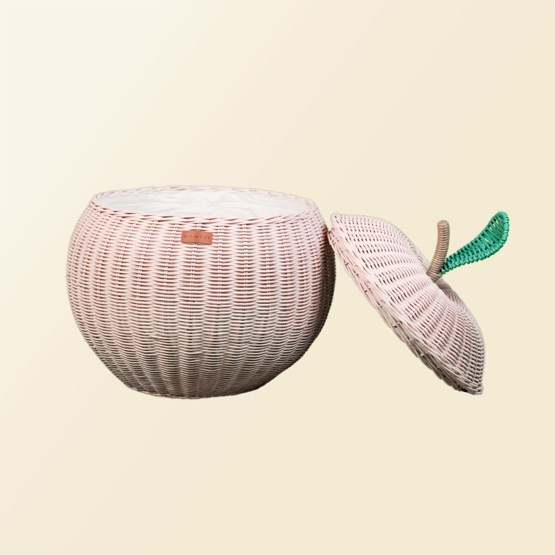 Rattan Basket | Apple Storage Basket | Opened | Lid on The Side | Pink |  Momiji