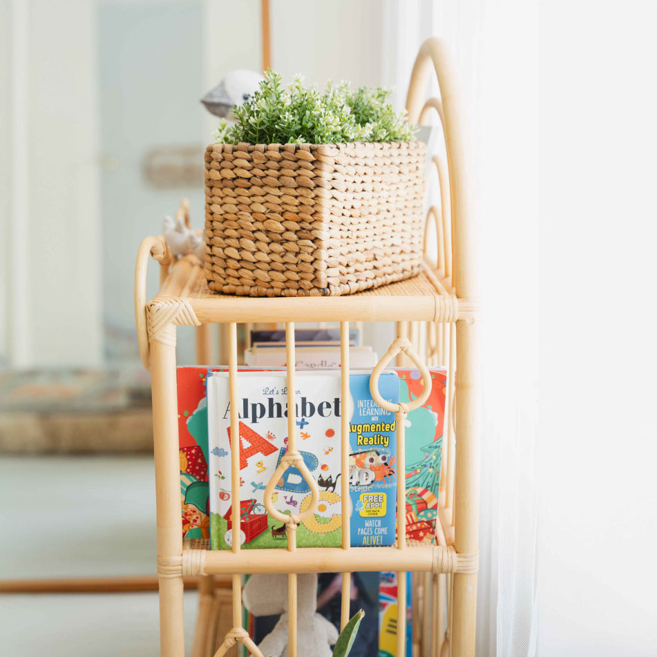 Rattan Shelves | After the Rain Shelf with Books & Toys Side Details | Momiji