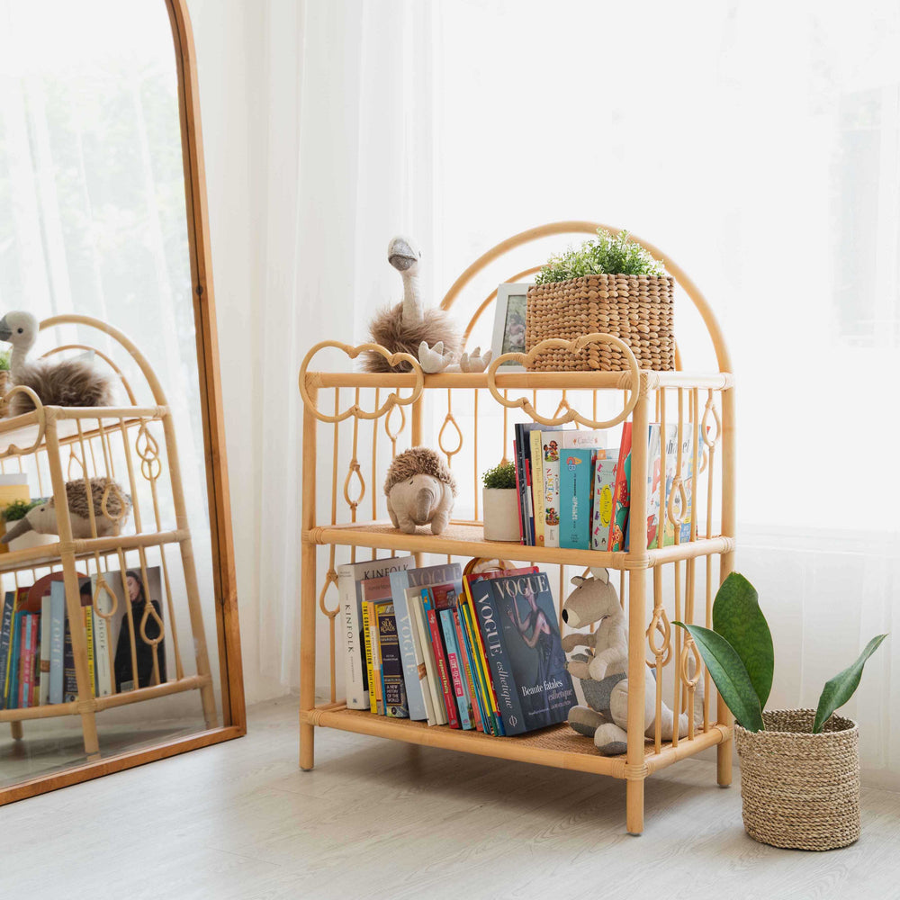 Rattan Shelves | After the Rain Shelf with Books & Toys | Front View | Momiji