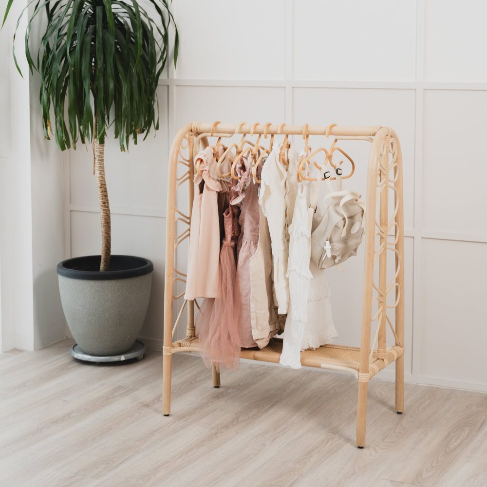 Rattan Clothing Rack | Belle Kids Clothing Rack with Clothes in Rattan Hangers| MOMIJI