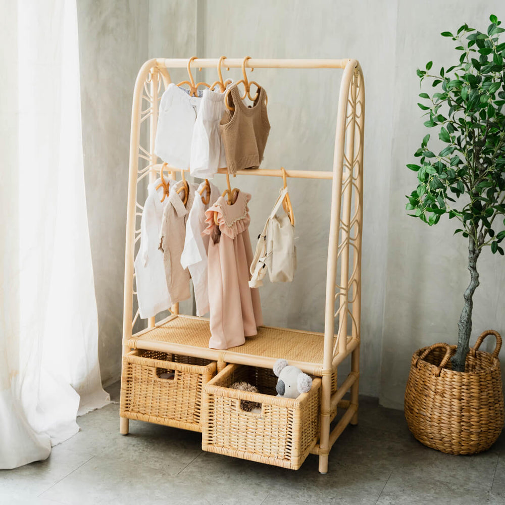 Rattan Clothing Rack | Belle Kids Clothing Rack with 2 Rattan Drawers | MOMIJI