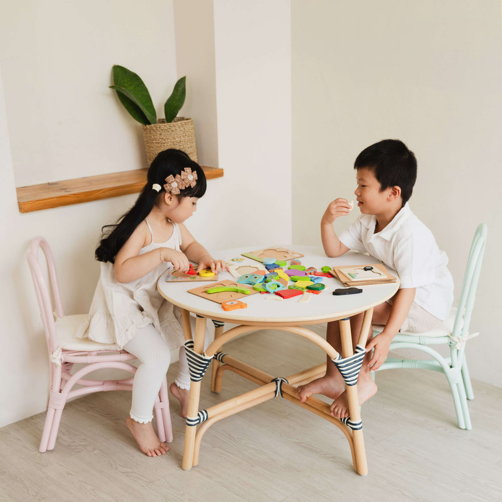 Rattan Chairs | Kids Bunny Chair | Toddlers Sitting on Wicker Chair | Pink and Mint | MOMIJI 