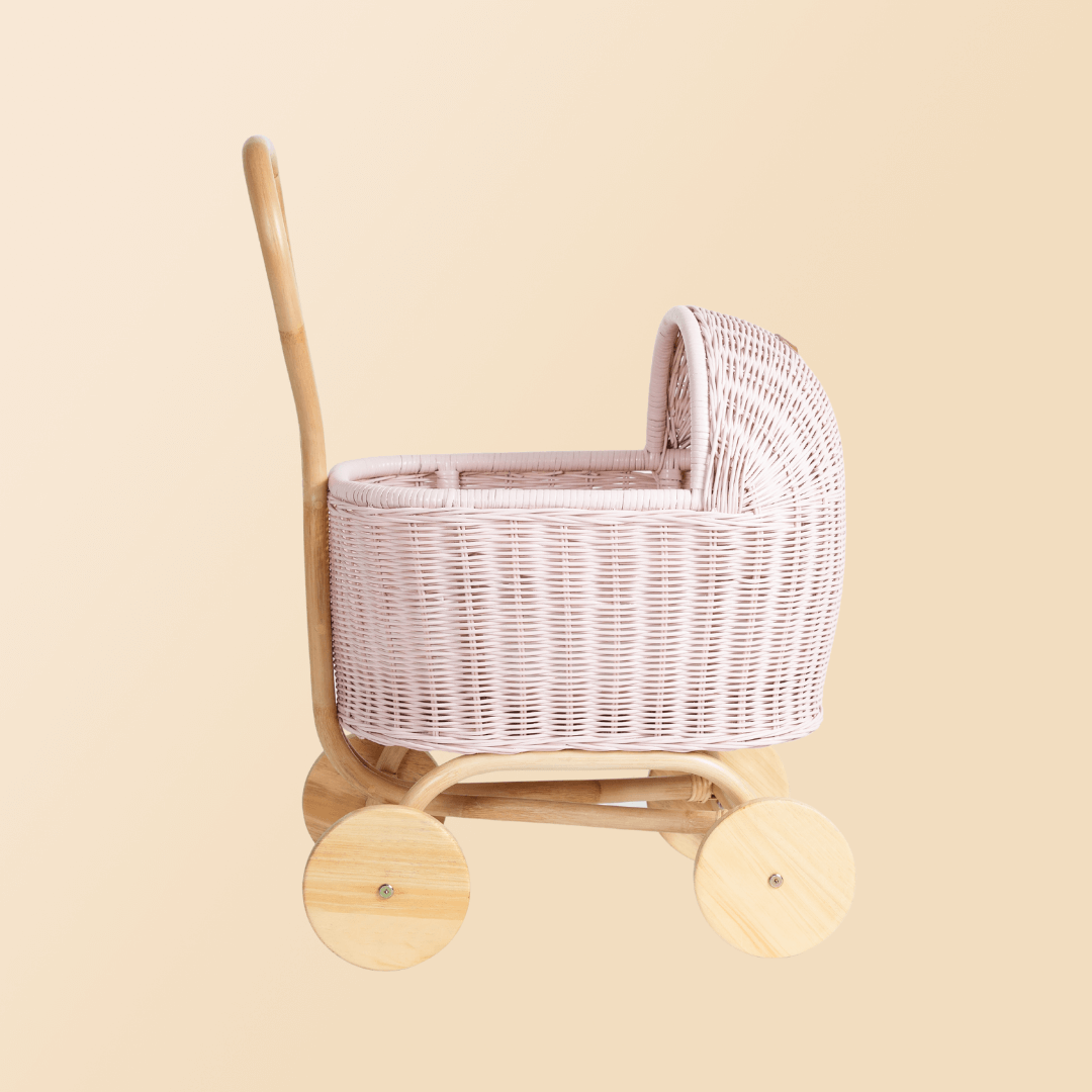 Colette Doll Stroller | Side View | Rattan | Pink | MOMIJI