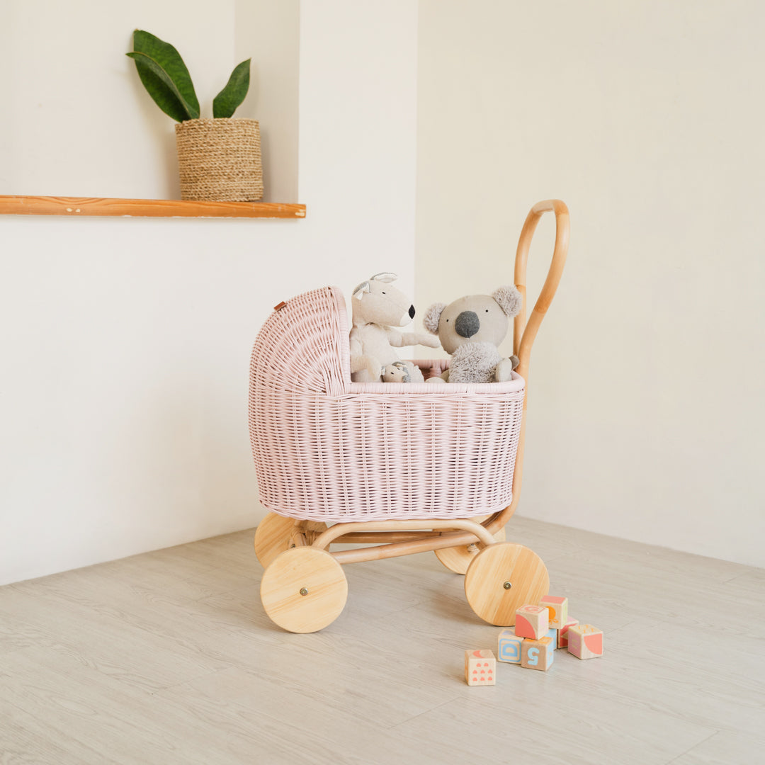 Colette Doll Stroller | Stuffed with Toys | Rattan | Pink | MOMIJI