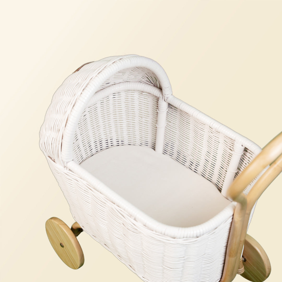 Colette Doll Stroller | Inside View | Rattan | White | MOMIJI