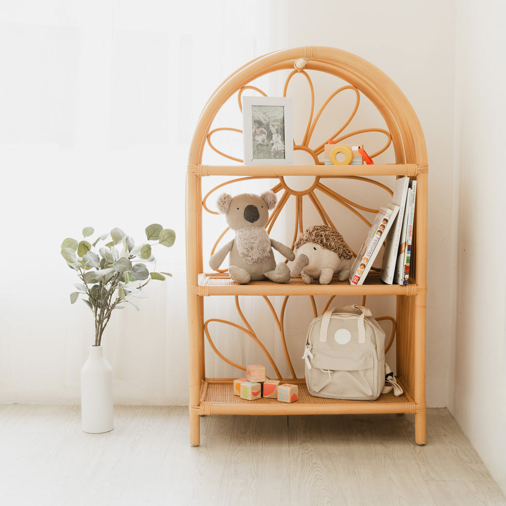 Rattan Shelves |  Daisy Arch Rattan Shelf with Toys, Books & Bag| Momiji