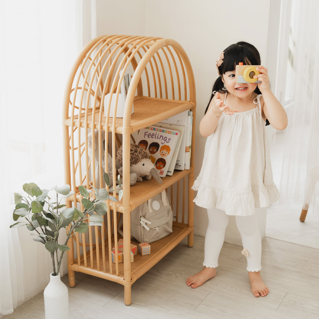 Rattan Shelves |  Daisy Arch Rattan Shelf with Toys, Books & Bag | Toddler with Camera | Momiji