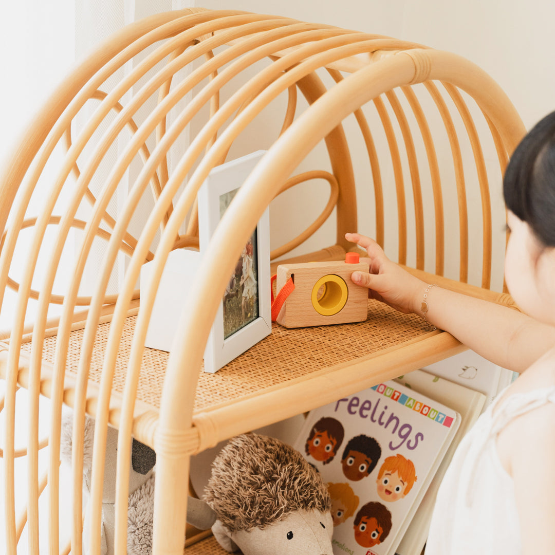 Rattan Shelves |  Daisy Arch Rattan Shelf with Toys, Books & Bag | Close Up | Momiji