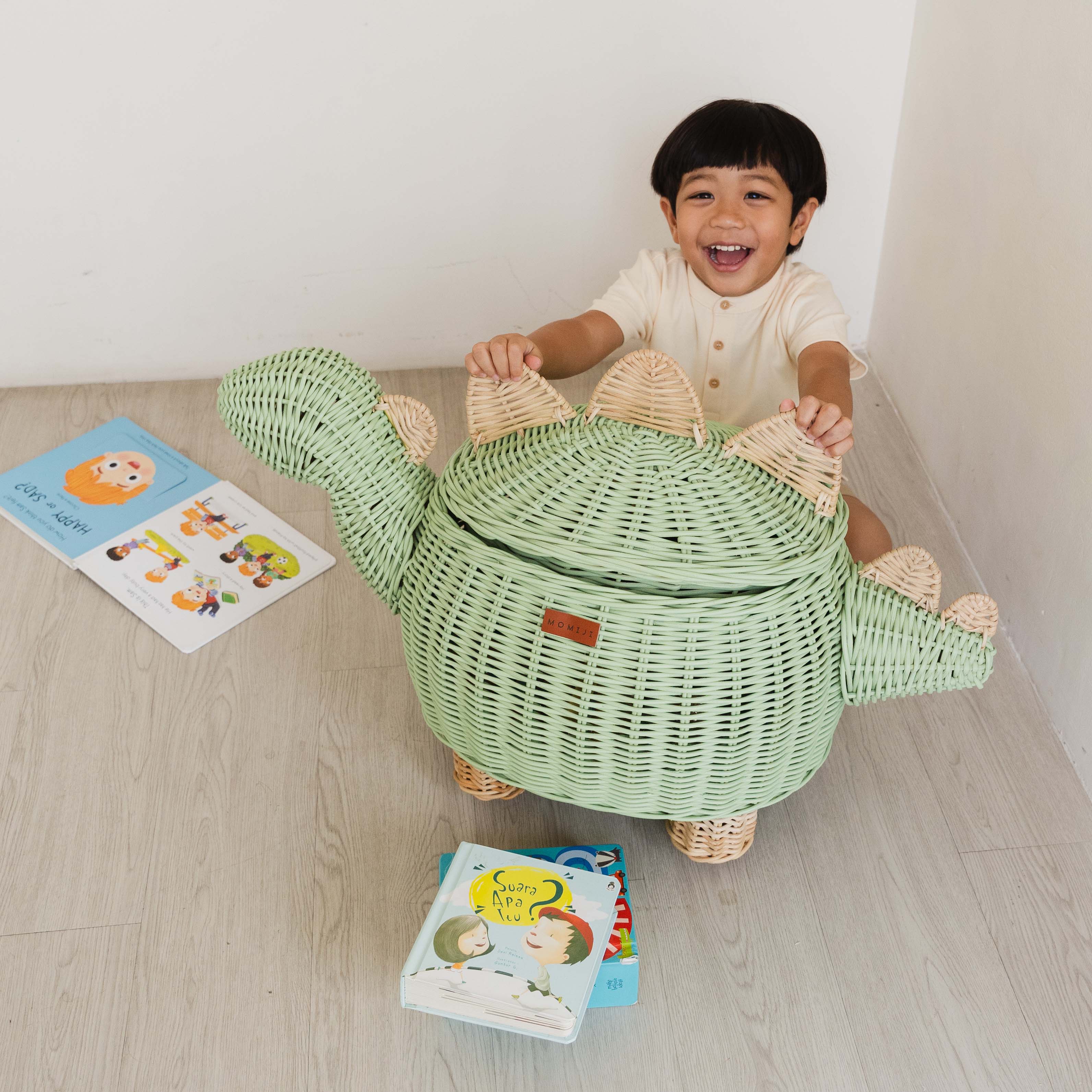 Dinosaur Storage Rattan Basket | Mint Green | Closed | Medium | Momiji