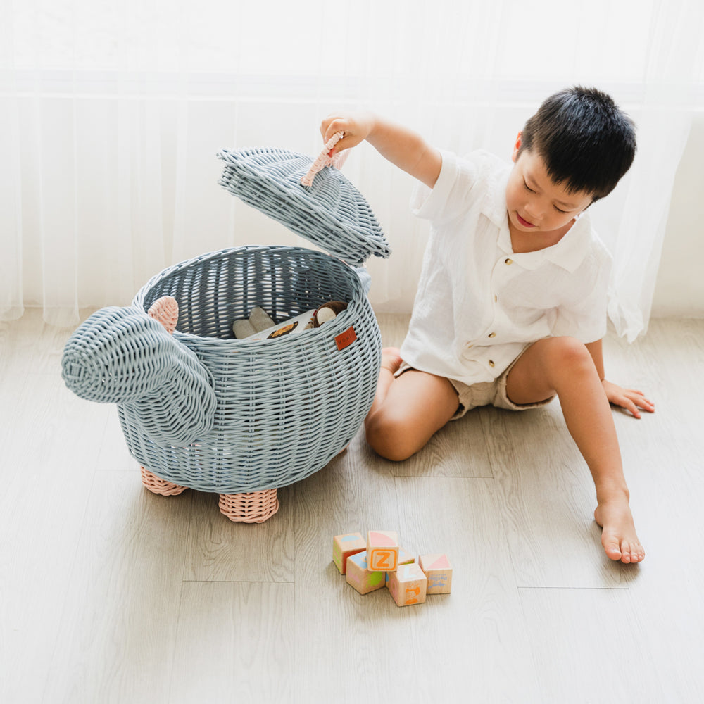 Dinosaur Storage Rattan Basket | Pastel Blue & Pink | Opened | Front View | Medium | Momiji