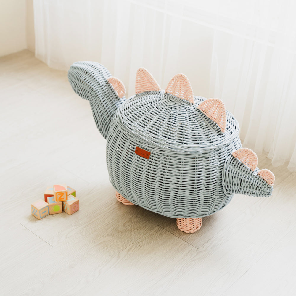 Dinosaur Storage Rattan Basket | Pastel Blue & Pink | Closed | Side View | Medium | Momiji