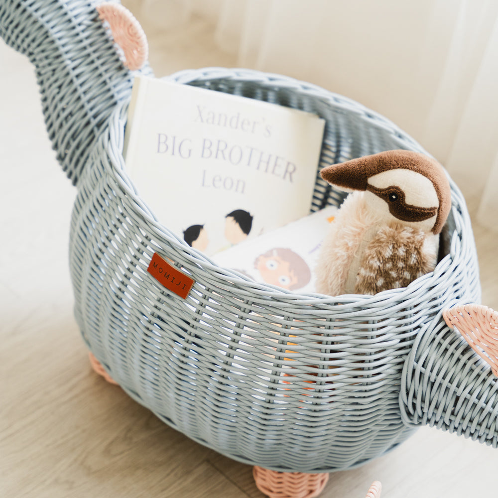 Dinosaur Storage Rattan Basket | Pastel Blue & Pink | Opened | Top View | Medium | Momiji