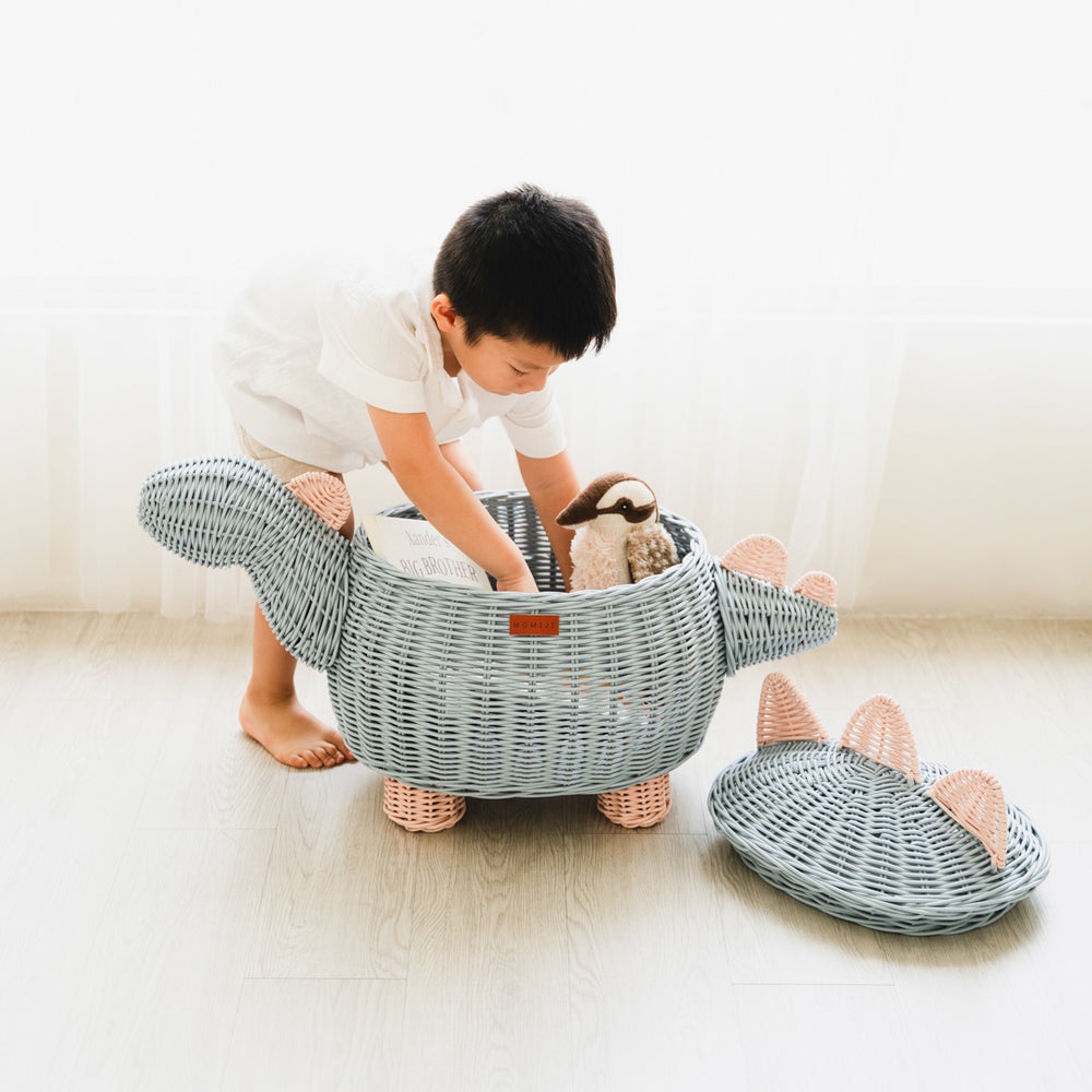 Dinosaur Storage Rattan Basket | Pastel Blue & Pink | Opened | Medium | Momiji