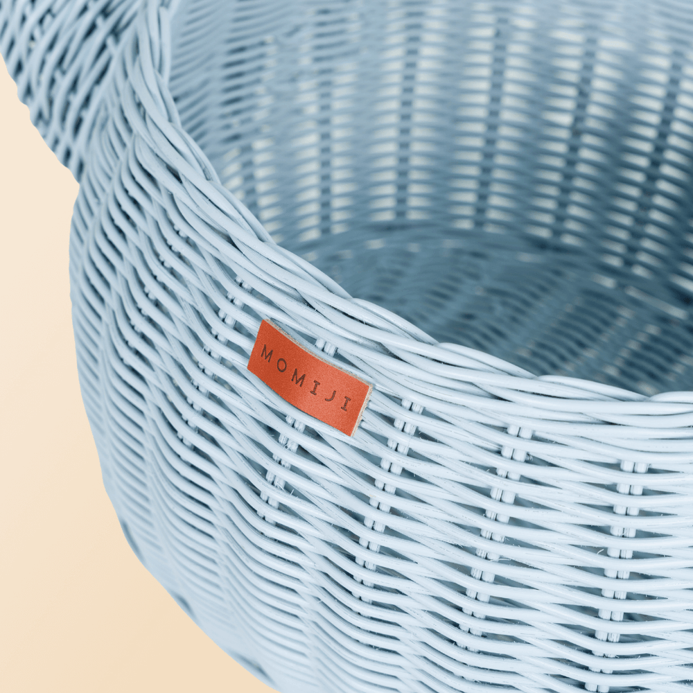 Dinosaur Storage Rattan Basket | Pastel Blue & Pink | Opened | Side View Close Up | Medium | Momiji