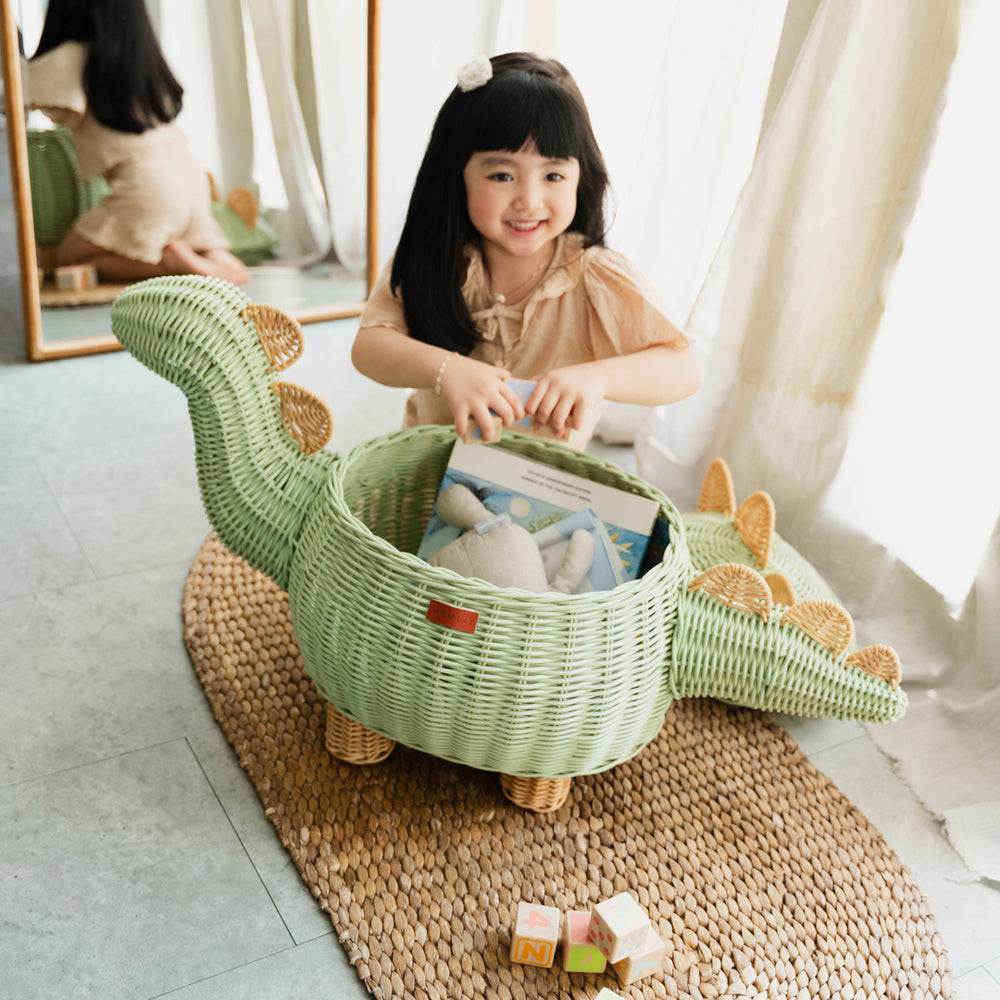 Dinosaur Storage Rattan Basket | Mint Green | Handwoven Wicker Basket with Lid  | Large | Momiji