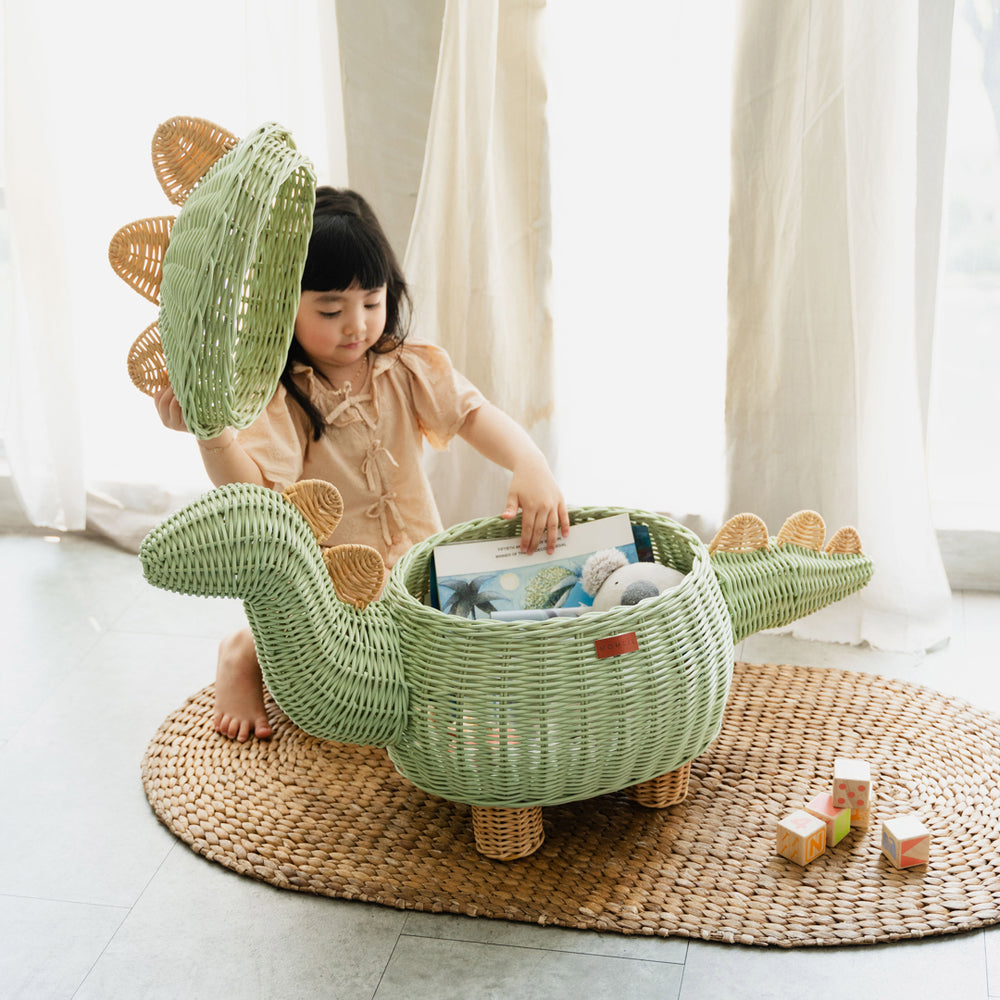 Dinosaur Storage Rattan Basket | Mint Green | Handwoven Wicker Basket with Lid  | Large | Momiji