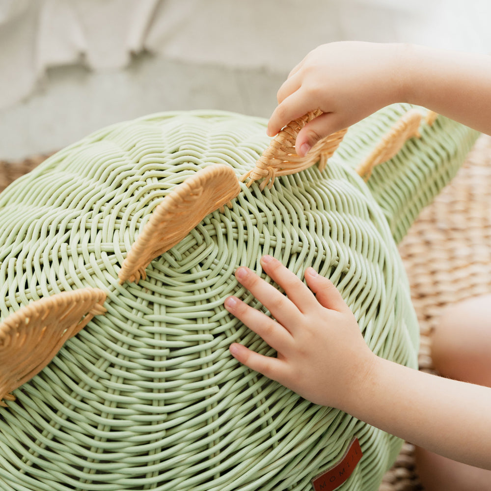 Dinosaur Storage Rattan Basket | Mint Green | Handwoven Wicker Basket with Lid  | Large | Momiji