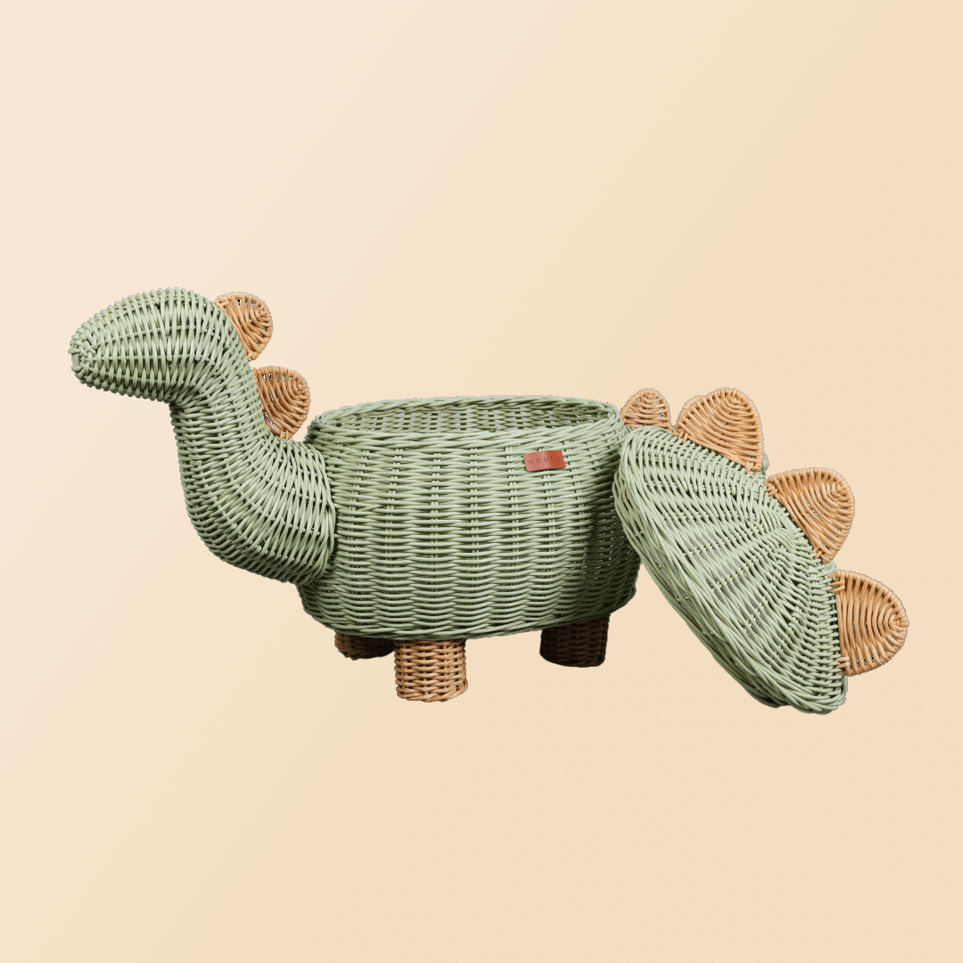 Dinosaur Storage Rattan Basket | Mint Green | Opened | Large | Momiji