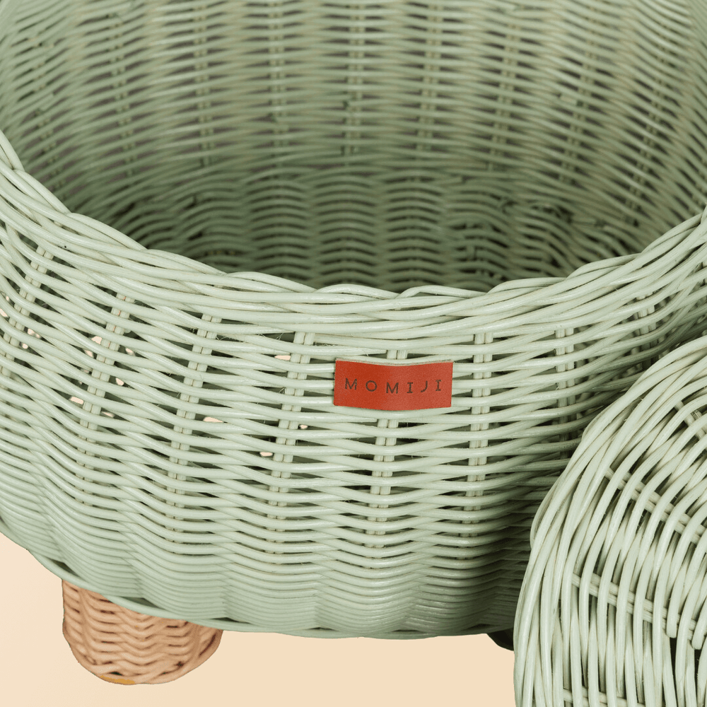 Dinosaur Storage Rattan Basket | Mint Green | Opened | Logo Close Up | Large | Momiji