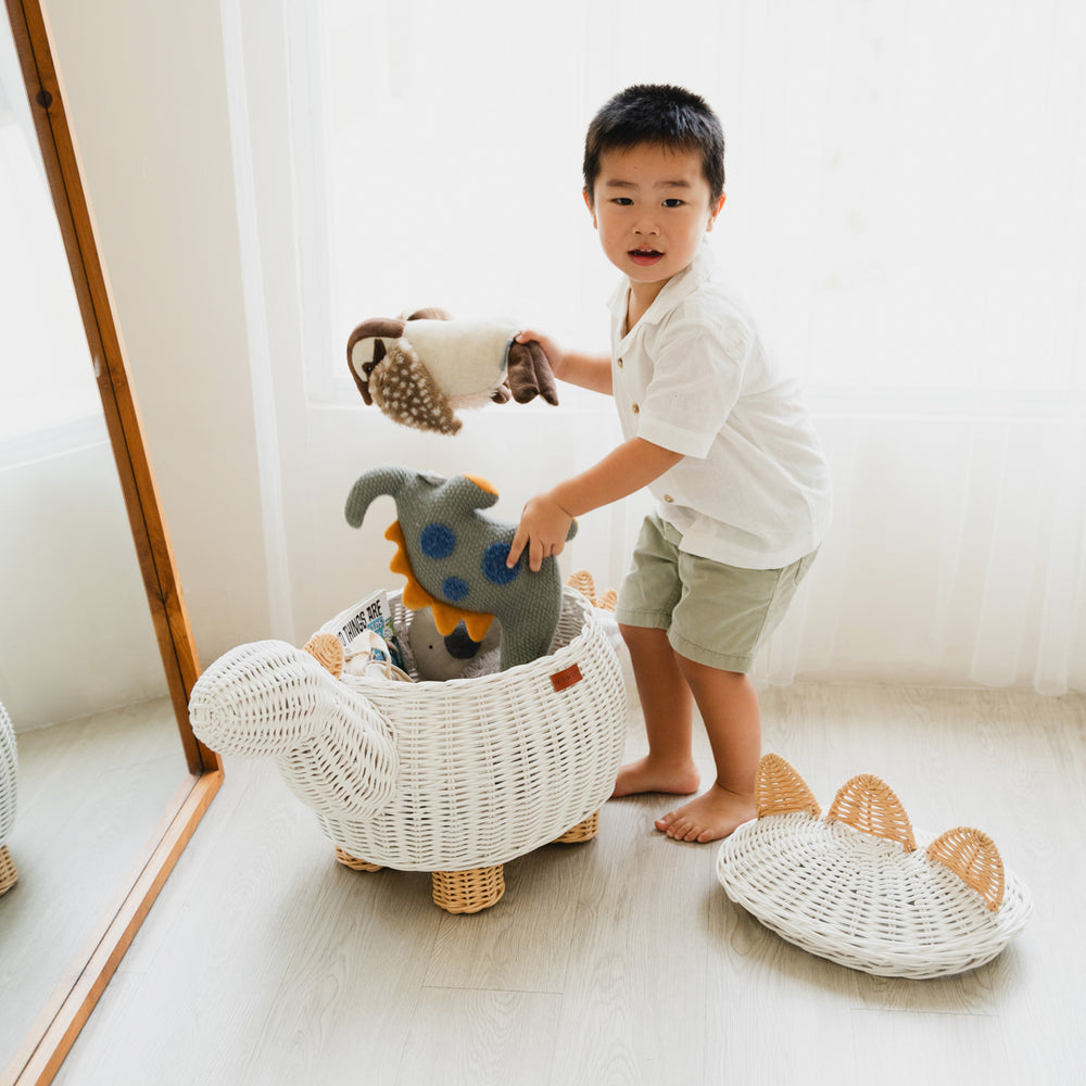 Dinosaur Rattan Storage Basket | Toys Inside | White | Medium | Momiji