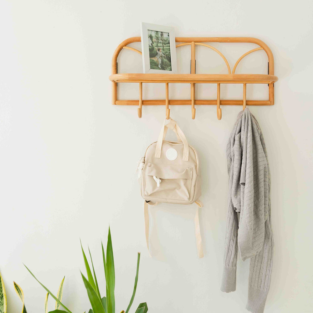 Rattan Wall Shelves with Hooks |  Eleanor Hanging Wall Shelf with Jacket & Bag | Momiji