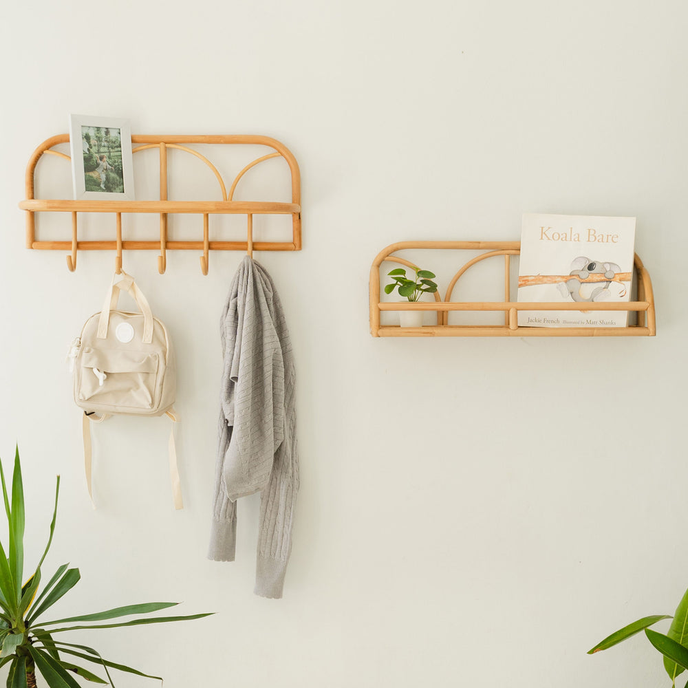 Rattan Wall Shelves with Hooks | Eleanor Hanging Wall Shelf & Eloise Wall Display Shelf| Momiji