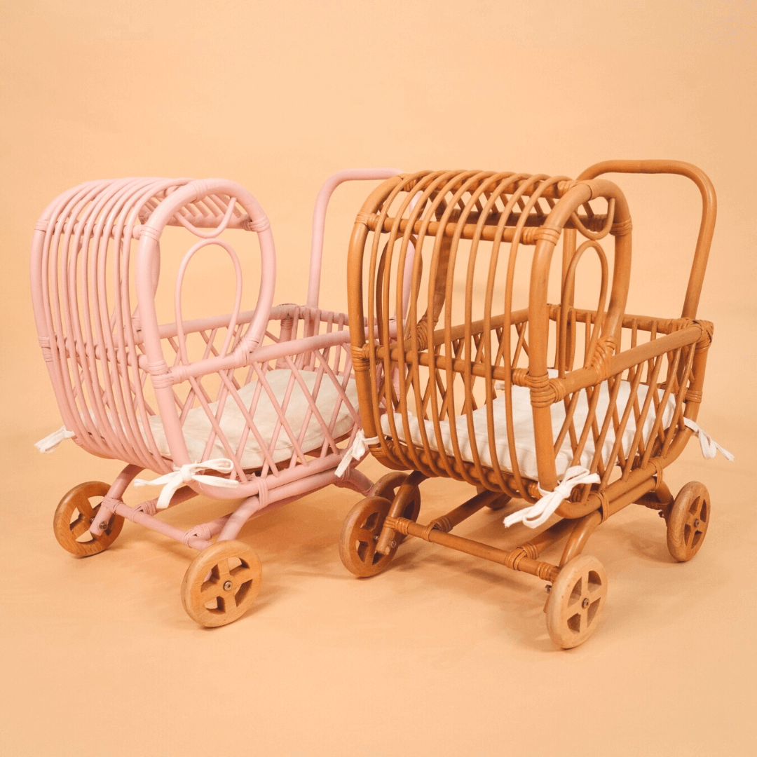 Layla Toy Stroller | Rattan | Doll Stroller | Natural and Pink | MOMIJI