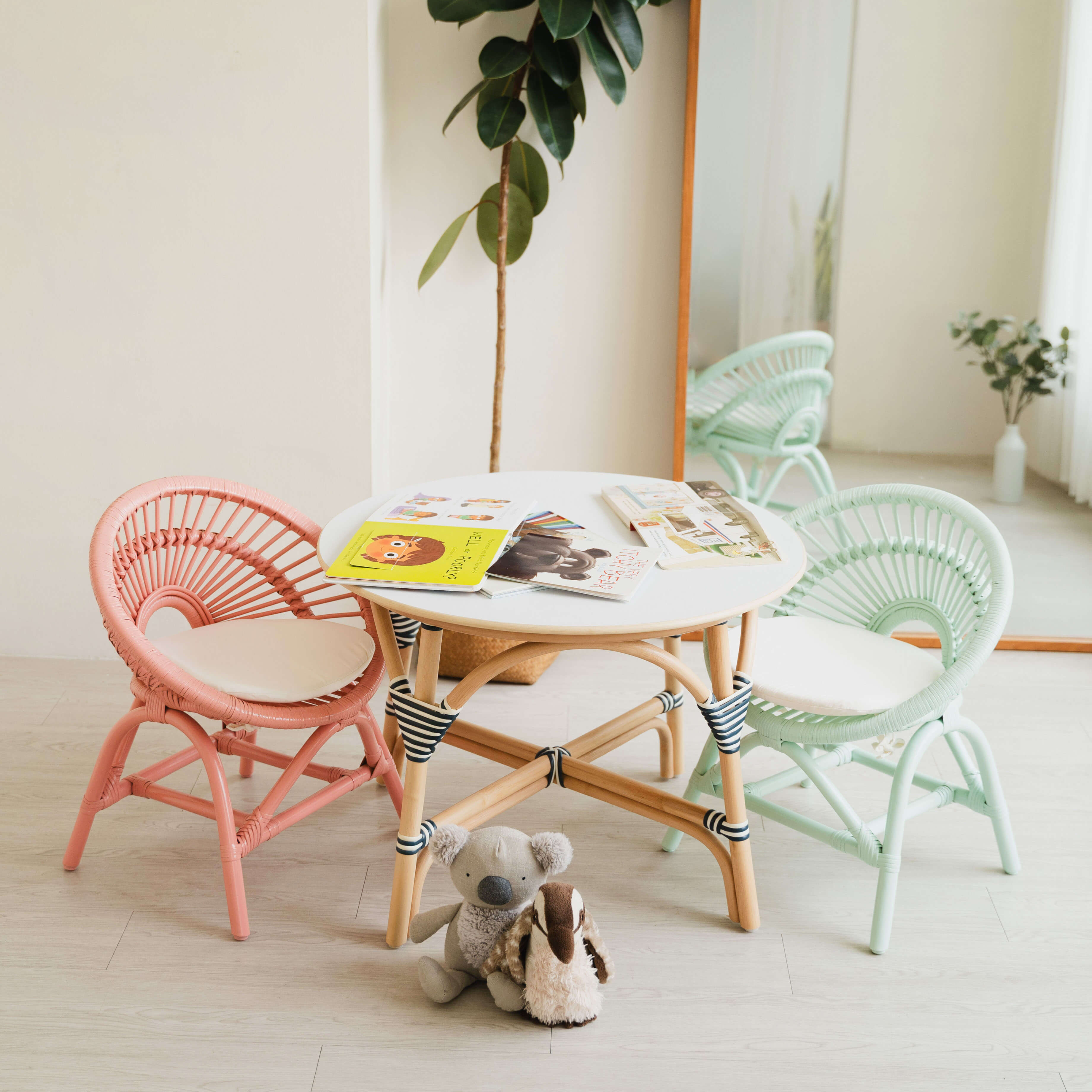 Rattan Chairs | Maya Kids Wicker Chairs - Peach Pink & Mint Green | MOMIJI