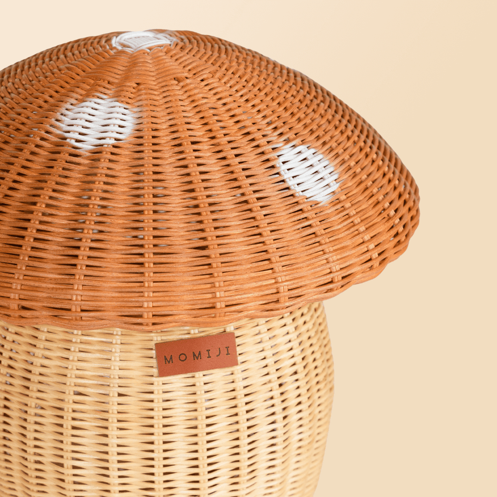 Mushroom Storage Rattan Basket | Top View with Logo | Close Up| Momiji