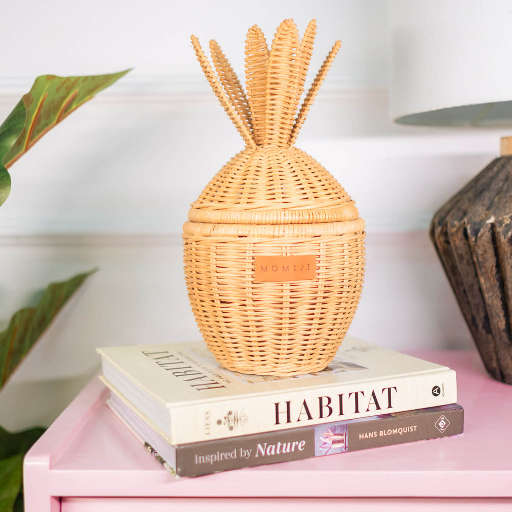 Mini Pineapple Rattan Basket | Handwoven Wicker Basket with Lid | Closed | Placed on Top of Books | Momiji