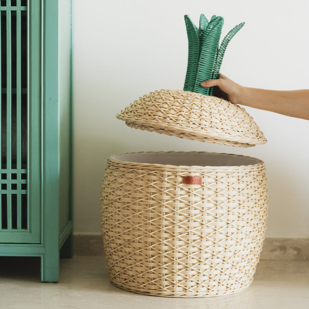 Pineapple Rattan Storage Basket | Lid Opened | Natural | MOMIJI