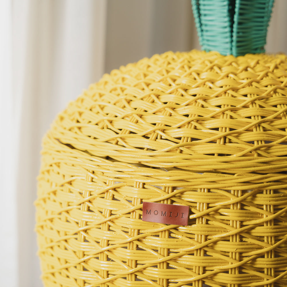 Pineapple Rattan Storage Basket | Logo Close Up | Yellow | MOMIJI