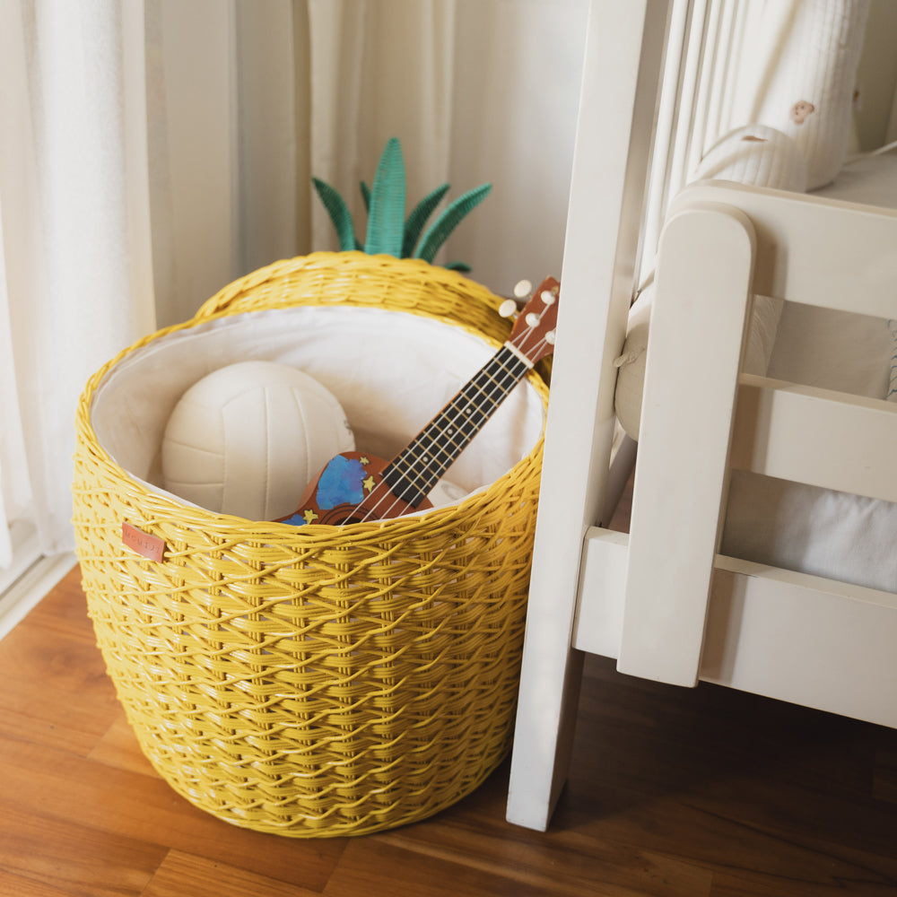 Pineapple Rattan Storage Basket | Opened | Toys Inside | Yellow | MOMIJI