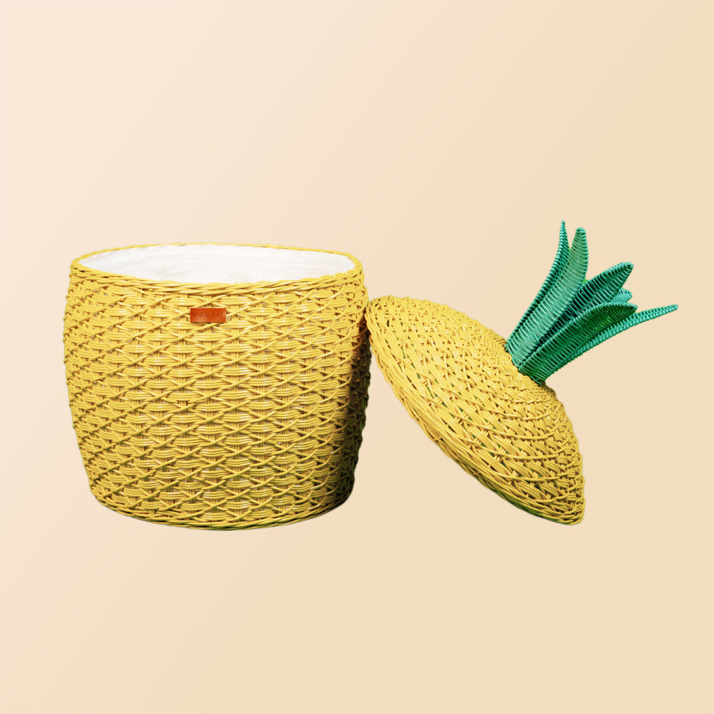 Pineapple Rattan Storage Basket | Opened | Lid on the Side | Yellow | MOMIJI