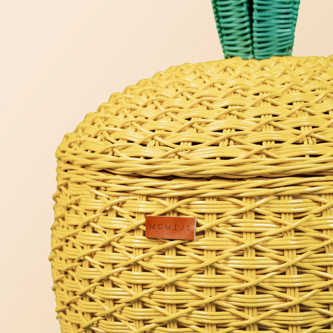 Pineapple Rattan Storage Basket | Logo Close Up | Yellow | MOMIJI