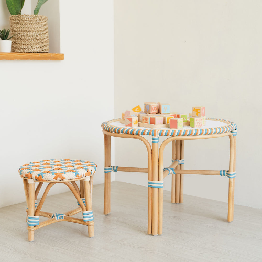 Rattan Table Set | Xander Kids Table & Stools | Wooden Block Toys on the Rattan Table |  MOMIJI