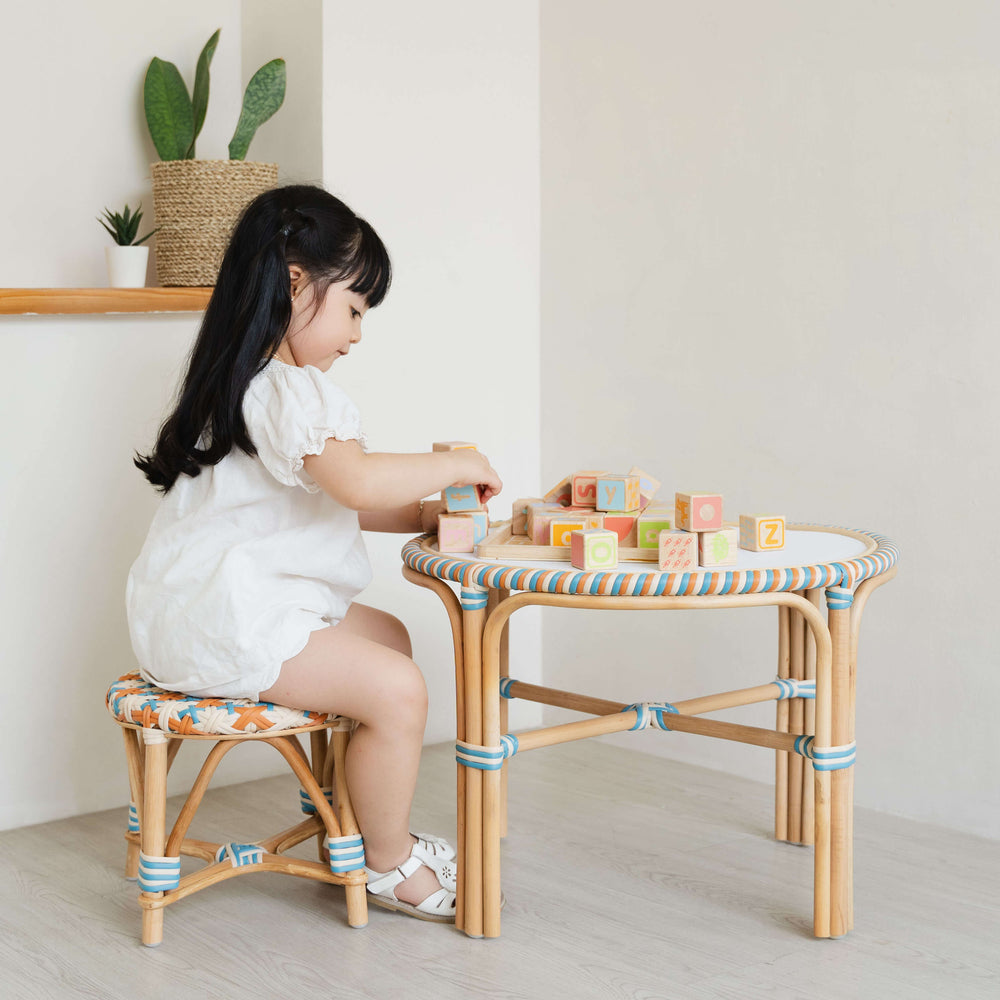 Rattan Chairs | Xander Kids Stool | Child Sitting on Wicker hair | MOMIJI