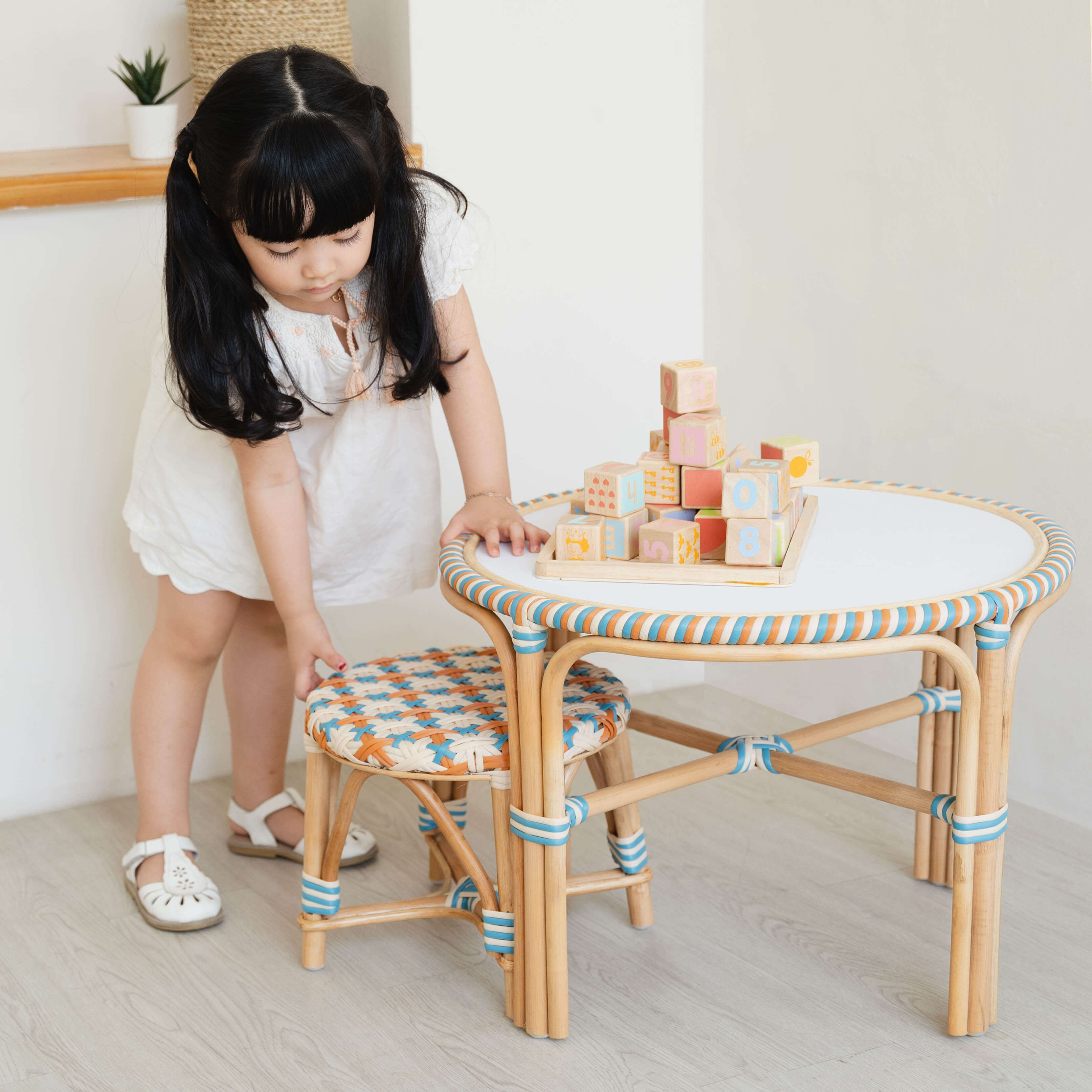 Rattan Table and Stool | Xander Kids Rattan Table and Stool | Toddler Playing | MOMIJI