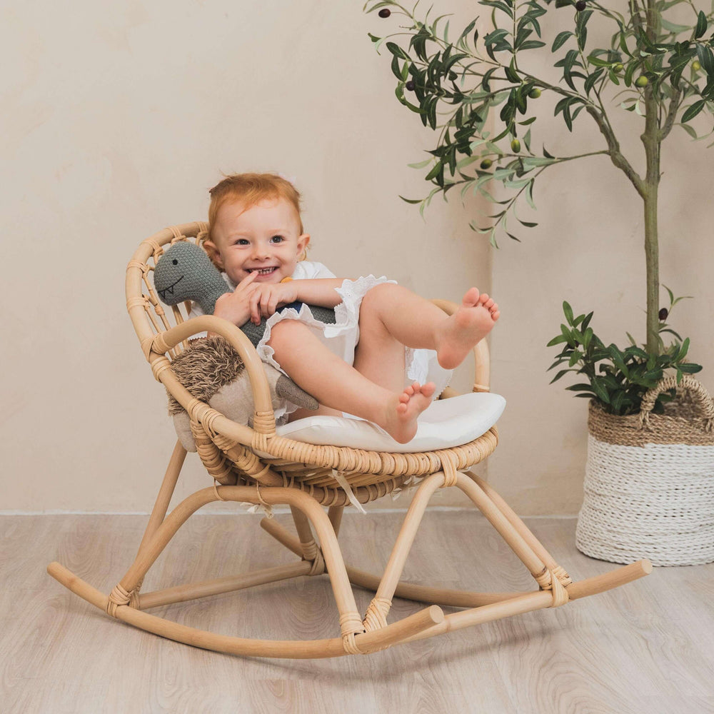 Twinkle Kids Rocking Chair | Rattan Chair | Child with Doll on Chair | MOMIJI