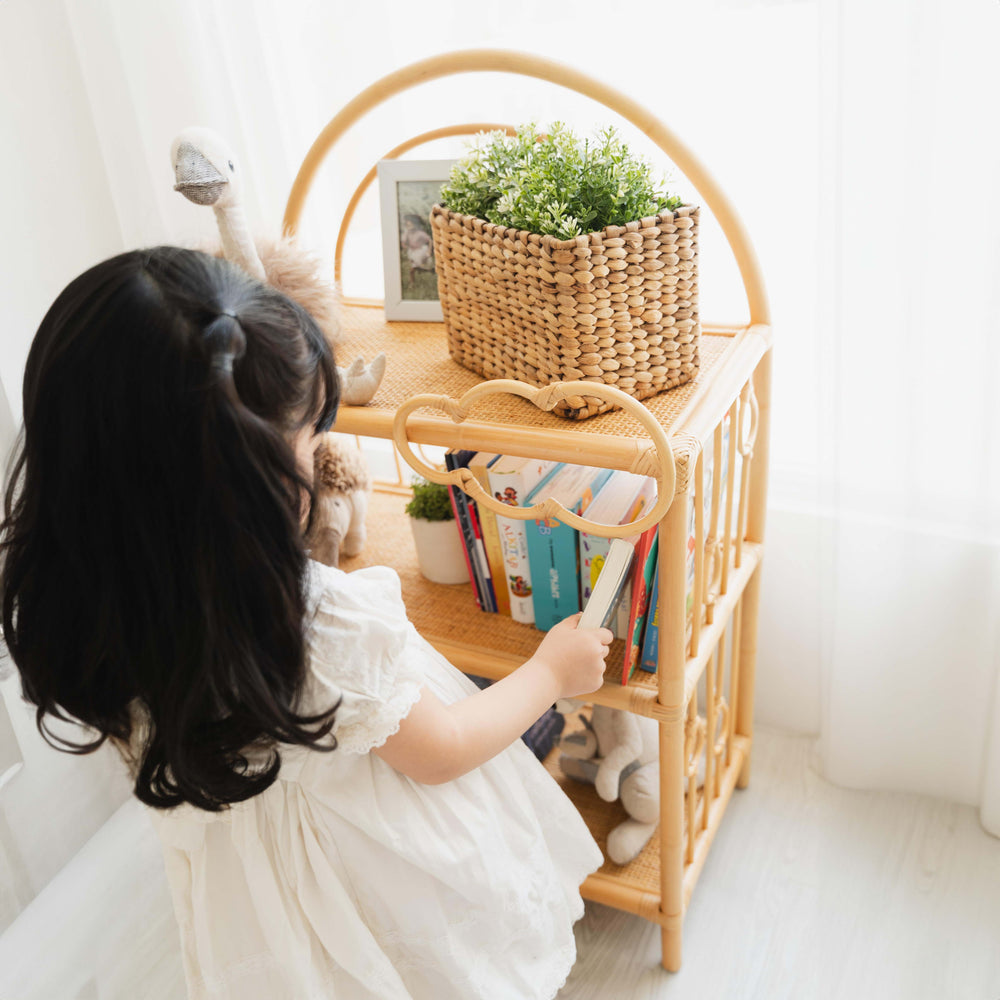 Rattan Shelves | After the Rain Shelf with Books & Toys | Toddler Girl Putting Book Back| Momiji