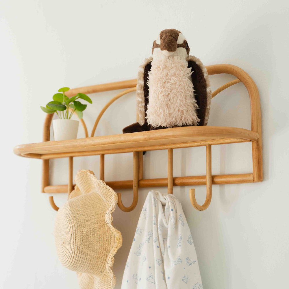 Rattan Wall Shelves with Hooks  | Eleanor Hanging Wall Shelf with Toy & Hat | Momiji